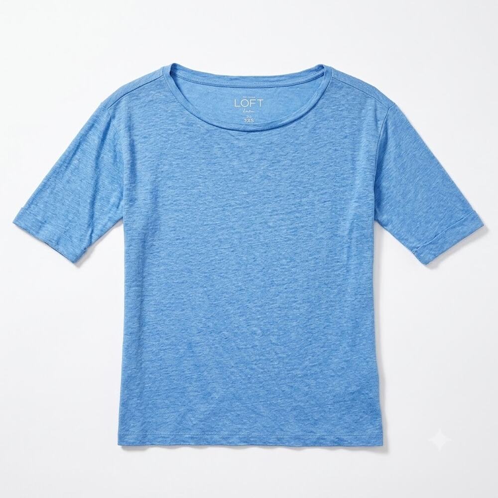 LOFT 100% Linen Scoop Neck Relaxed Fit Tee Blue Cuff Sleeve Casual Womens XXS